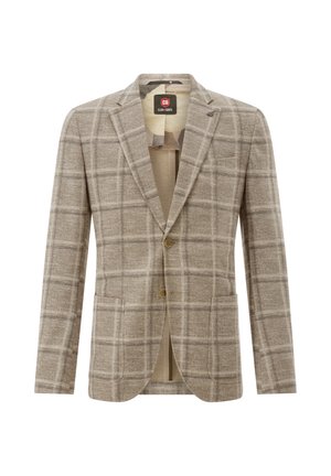 Beige kariertes Blazer aus strukturiertem Stoff mit zwei Knöpfen, Reverskragen und zwei Fronttaschen. Innen hat er eine hellere Fütterung.