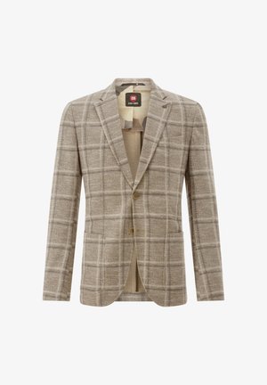 Beige kariertes Blazer aus strukturiertem Stoff mit zwei Knöpfen, Reverskragen und zwei Fronttaschen. Innen hat er eine hellere Fütterung.