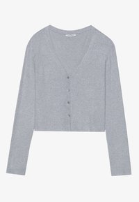 Cardigan gri cu dungi, cu decolteu în V, mâneci lungi și șase nasturi pe față. Textură moale și croială scurtă.