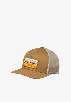 Brown and beige mesh trucker cap with a patch showing stylized mountains and the text "LIVE MORE NOW" on the front panel.