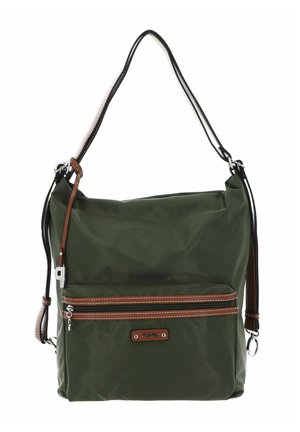 Sac à bandoulière en nylon vert avec accents marron et noir, sangle ajustable, poche zippée à l'avant et texture lisse.