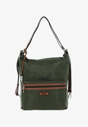 Sac à bandoulière en nylon vert avec accents marron et noir, sangle ajustable, poche zippée à l'avant et texture lisse.