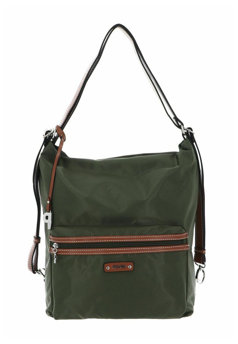 Sac à bandoulière en nylon vert avec accents marron et noir, sangle ajustable, poche zippée à l'avant et texture lisse.