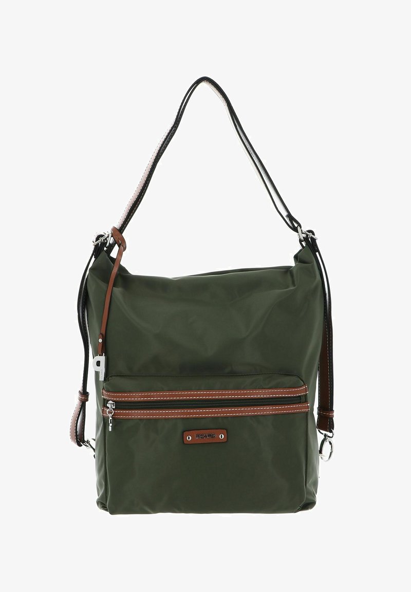 Sac à bandoulière en nylon vert avec accents marron et noir, sangle ajustable, poche zippée à l'avant et texture lisse.