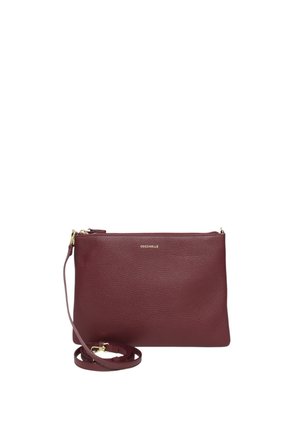 Borsa a tracolla in pelle color bordeaux con cerniera dorata e tracolla removibile, dotata di piccolo testo dorato con il nome del marchio sul davanti.