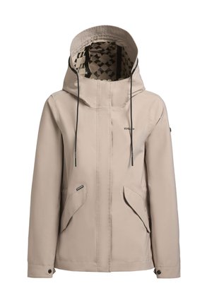 Beige wasserdichte Jacke mit Kapuze, ausgestattet mit einem schwarz-weißen geometrischen Musterfutter, zwei Fronttaschen und verstellbaren Kordelzügen.