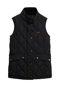 Zwart gewatteerd vest met hoge kraag, gouden knoopsluitingen en twee zijzakken. Textiel met een gladde afwerking en een ruitpatroon.
