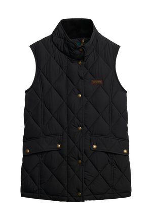 Zwart gewatteerd vest met hoge kraag, gouden knoopsluitingen en twee zijzakken. Textiel met een gladde afwerking en een ruitpatroon.