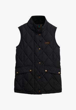 Gilet matelassé noir avec un col haut, des fermoirs à boutons dorés et deux poches avant. Tissu texturé avec une finition lisse et un motif en losanges.