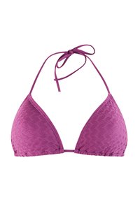 Top de bikini triangular texturizado en color morado con tiras ajustables para atar al cuello y a la espalda sobre un fondo blanco.