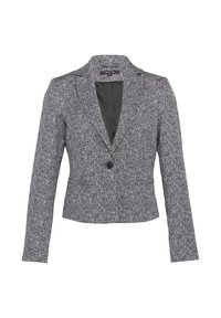 Gray herringbone blazer with a single button closure, tailored fit, and notched lapels. Features long sleeves and two front pockets.