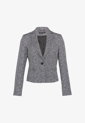 Gray herringbone blazer with a single button closure, tailored fit, and notched lapels. Features long sleeves and two front pockets.