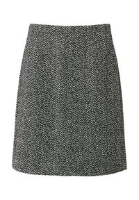 Schwarzer und weißer, melierter Minirock aus strukturiertem Stoff, mit elastischem Bund und A-Linie, ohne sichtbare Verschlüsse oder Verzierungen.