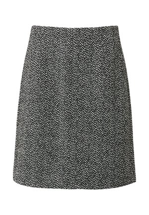 Schwarzer und weißer, melierter Minirock aus strukturiertem Stoff, mit elastischem Bund und A-Linie, ohne sichtbare Verschlüsse oder Verzierungen.