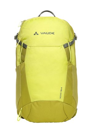 Geelgroene Vaude Wizard 18+4 rugzak voor wandelen met een voorvak met rits, zijriemen en een handvat aan de bovenkant.