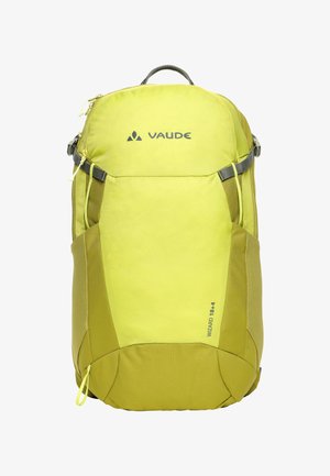 Zaino da trekking Vaude Wizard 18+4 giallo-verde con tasca frontale con cerniera, cinturini laterali e maniglia superiore.