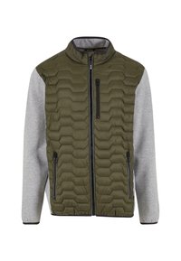 Chaleco acolchado de color verde oliva con mangas de sudadera gris, cuello alto, cremallera frontal y dos bolsillos laterales con cremallera.