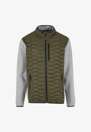 Pūšļa olīvzaļā veste ar pelēkajiem džemperveida piedurknēm, augstu apkakli, priekšējo rāvējslēdzēju un divām rāvējslēdzēja sānu kabatām.