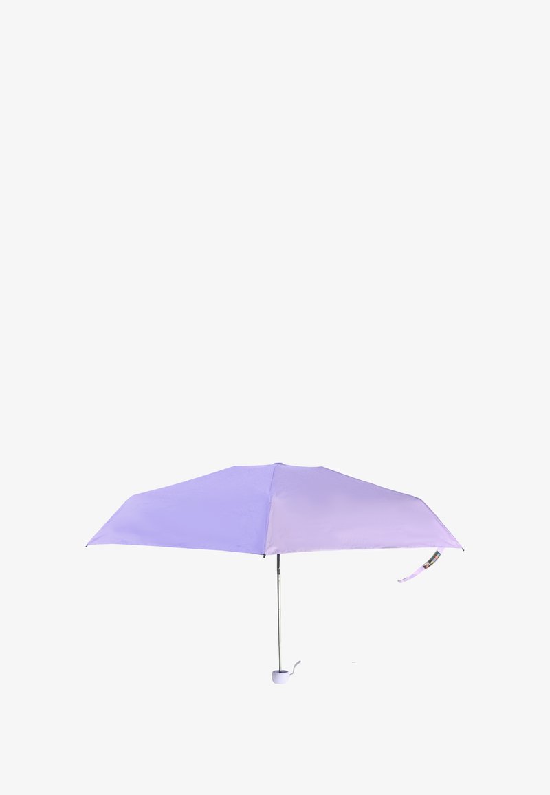 Lila Farbverlauf-Regenschirm mit acht Paneelen, leichtem Metallrahmen und einem gebogenen Griff. Verfügt über ein Sicherungsband für einfache Aufbewahrung.