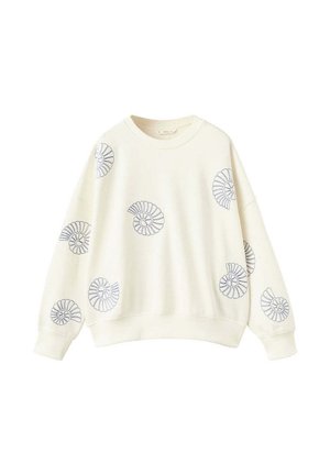 Sweat-shirt couleur crème avec motifs de coquilles en spirale bleues dispersés sur le devant et les manches, avec poignets et ourlet côtelés.
