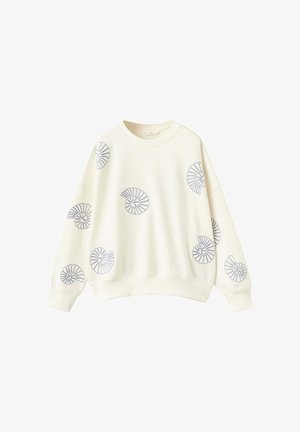 Sweat-shirt couleur crème avec motifs de coquilles en spirale bleues dispersés sur le devant et les manches, avec poignets et ourlet côtelés.