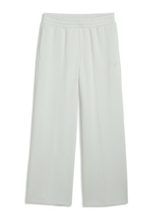Pantalones anchos de color gris claro con cintura elástica, bolsillos laterales y un pequeño logotipo de Puma en la parte superior del muslo izquierdo.