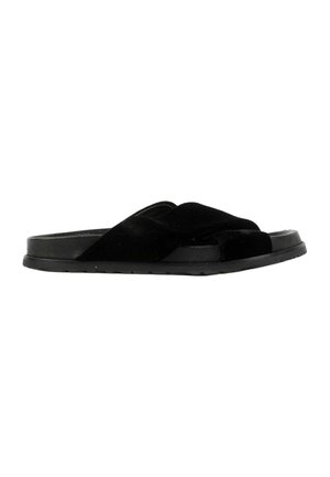 Zwarte slippers met dikke gekruiste bandjes en een platte, gestructureerde zool, ontworpen voor casual gebruik.
