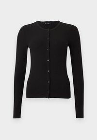 Cardigan negru cu dungi, mâneci lungi, decolteu rotund și închidere frontală cu nasturi. Prezintă nasturi negri asortați și un design cambrat.