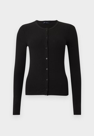 Black ribbed cardigan with long sleeves, round neckline, and front button closure. Features matching black buttons and a fitted design.