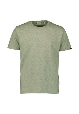 Lichtgroen T-shirt met korte mouwen en ronde hals, voorzien van subtiele horizontale strepen en een klein label aan de linkermouw.