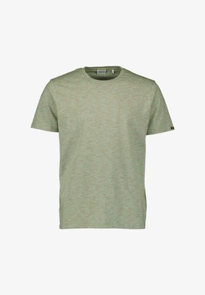 Hellgrünes T-Shirt mit kurzen Ärmeln und Rundhalsausschnitt, mit dezenten horizontalen Streifen und einem kleinen Etikett am linken Ärmel.