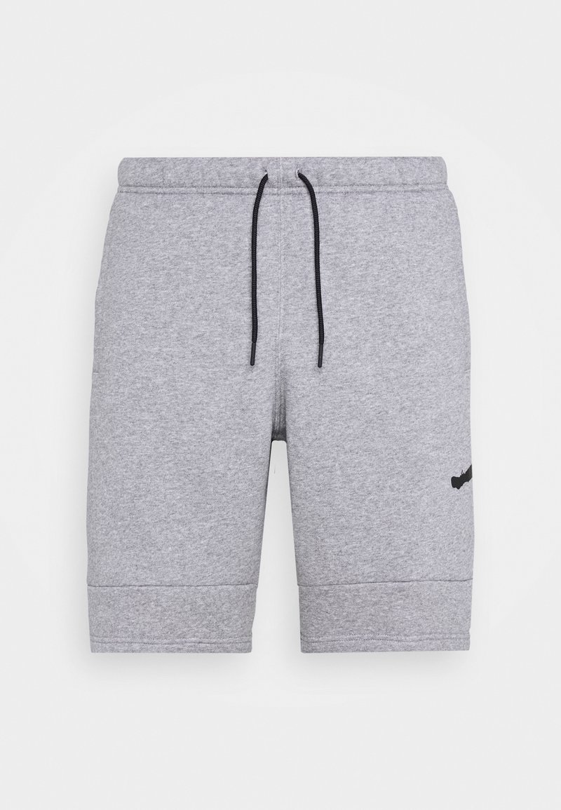 Shorts de sport gris clair avec cordon de serrage noir et logo noir discret sur la jambe gauche, présentés sur un fond blanc uni.