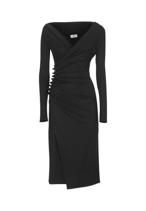 Abito nero a maniche lunghe con profondo scollo a V, design arricciato e dettagli con bottoni in tonalità oro sui lati, caratterizzato da una silhouette avvolgente e lunghezza al ginocchio.