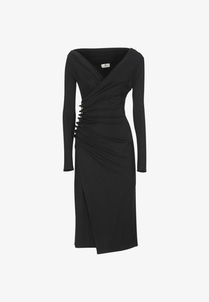 Abito nero a maniche lunghe con profondo scollo a V, design arricciato e dettagli con bottoni in tonalità oro sui lati, caratterizzato da una silhouette avvolgente e lunghezza al ginocchio.