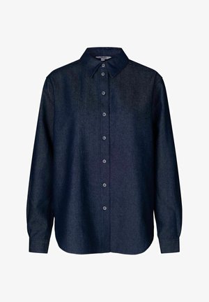 Tmavomodrá riflová košeľa s klasickým golierom, dlhými rukávmi, zapínaním na gombíky vpredu a mierne zakriveným spodným okrajom. Má hladkú, textúrovanú tkaninu.