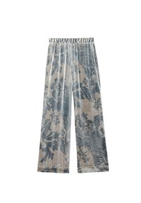 Pantaloni a gamba larga in velluto grigio chiaro con motivo floreale blu. Dotati di una vita elasticizzata per il massimo comfort e una finitura soffice e strutturata.