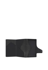 Black leather wallet with a textured finish, featuring an inner pocket and a snap closure. Smooth edges and minimalistic design.