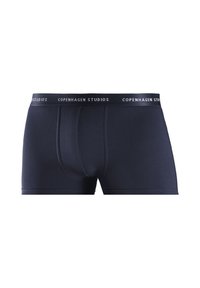 Navy blue boxer shorts made of soft fabric, featuring a snug fit, a branded elastic waistband, and a front pouch design.