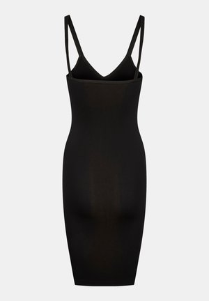 Melnā bodycon kleita ar plānām siksniņām, ar V veida dekoltē un gludu, elastīgu audumu, kas paredzēts ciešai piegulšanai.
