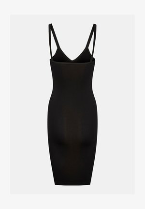 Zwarte bodycon jurk met dunne bandjes, gekenmerkt door een V-hals en een gladde, rekbare stof die is ontworpen voor een strakke pasvorm.