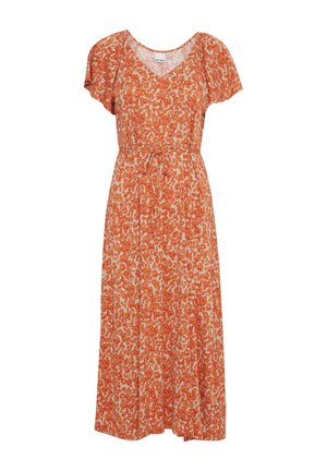 Oranges und beiges Midikleid mit floralem Muster, kurzen Flatterärmeln, V-Ausschnitt und Taillengürtel.