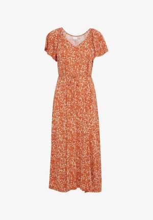 Oranges und beiges Midikleid mit floralem Muster, kurzen Flatterärmeln, V-Ausschnitt und Taillengürtel.