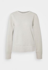 Sudadera gris claro de material suave, con cuello redondo, mangas largas, puños acanalados y dobladillo recto con sutiles detalles de costura.