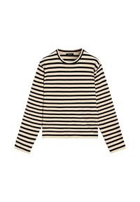 Beiges Langarmshirt mit schwarzen horizontalen Streifen und rundem Ausschnitt, flach auf weißem Hintergrund ausgelegt.