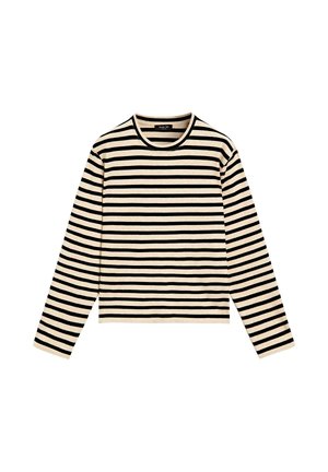 Chemise beige à manches longues avec des rayures horizontales noires et un col arrondi, étalée à plat sur un fond blanc.