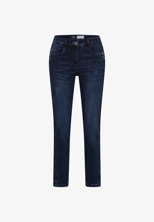 Dunkelblaue Denim-Jeans mit schmaler Passform, fünf Taschen und Knopfverschluss. Leichte Abnutzungsspuren auf der Vorderseite verleihen eine dezente Struktur.