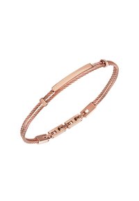 Pulsera de oro rosa con diseño de cable de metal torsionado, barra central plana y eslabones de cadena decorativos con acabado suave.