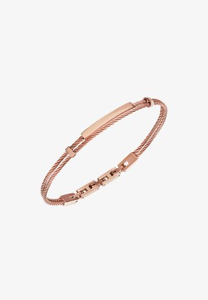 Pulsera de oro rosa con diseño de cable de metal torsionado, barra central plana y eslabones de cadena decorativos con acabado suave.