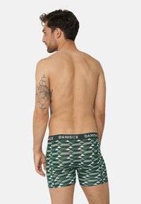 Boxer shorts verdi con motivo geometrico, dotati di una vita nera su cui è stampato il testo "DANISCE".