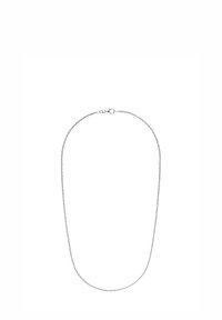 Tunn silverkedja med ett litet hummerlås, uppvisad mot en vit bakgrund.